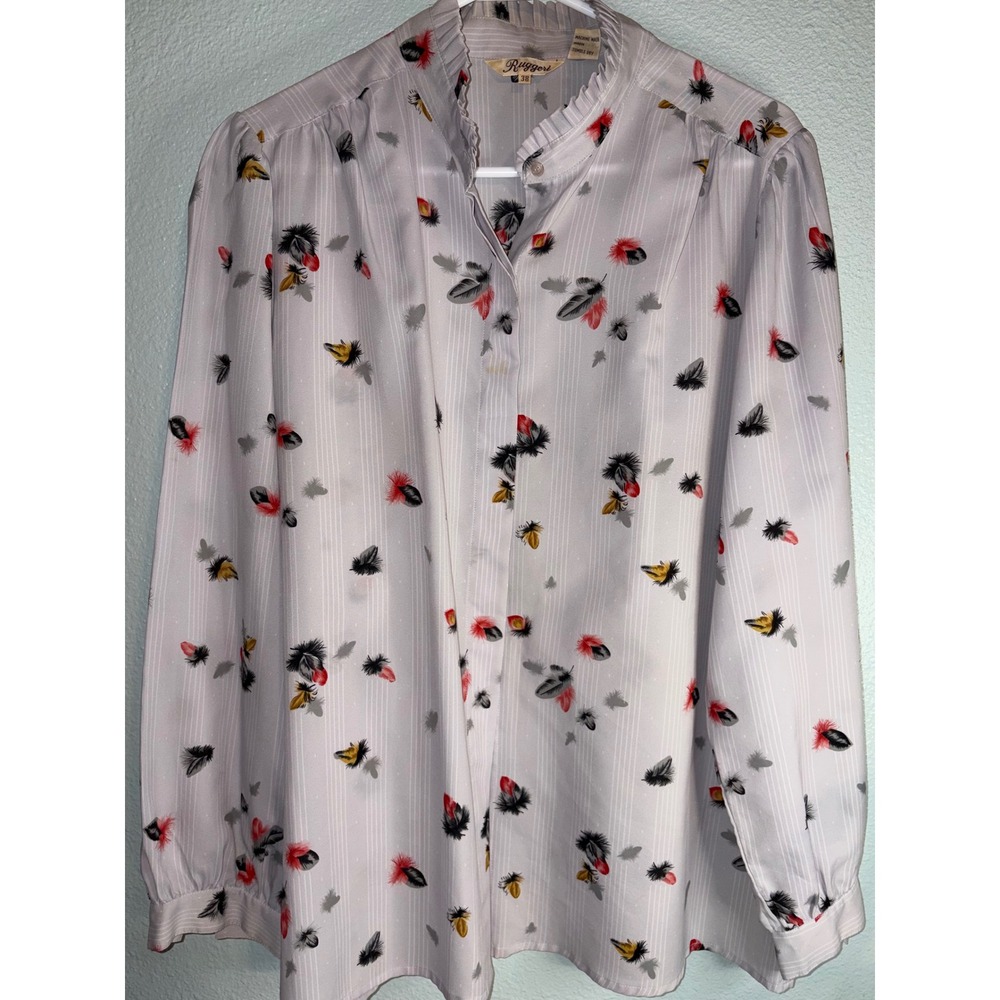 Vintage Ruggeri Feather Print Tie Neck Blouse Gray Ruffle Collar S-38 Long Slv